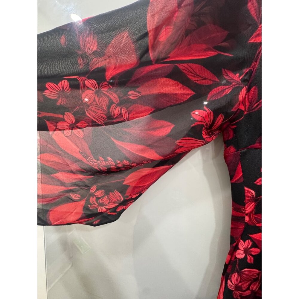 Connected Apparel Womens Red & Black Floral Dress 6P Sheer Sleeves Knee Length E - Picture 5 of 5